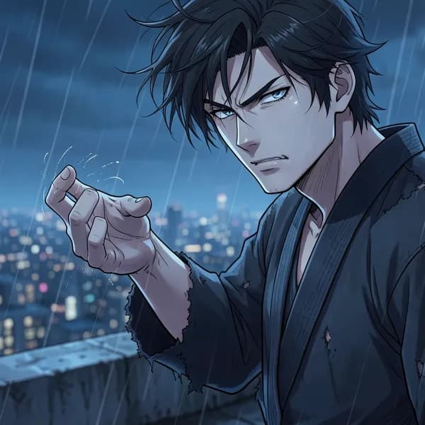 A close-up of a man's trembling hand, showing internal struggle against a backdrop of city lights.