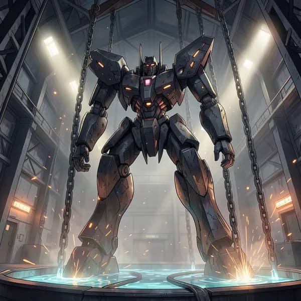 A massive, jagged black iron mecha frame looms in a dark hangar, illuminated by sparks and cooling basins.