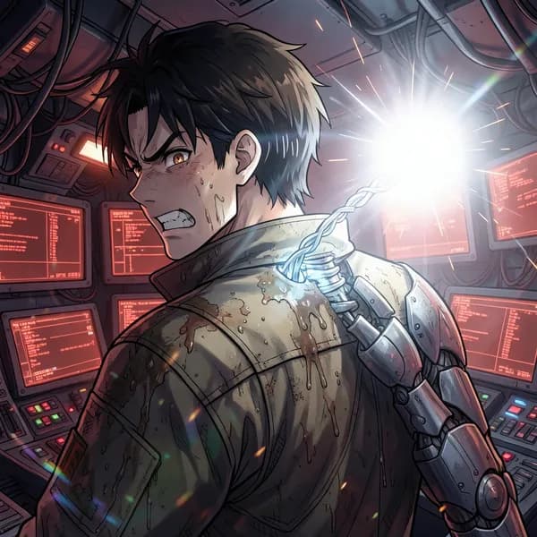 A young man in a flight suit experiences intense pain while connecting a neural cable to his spine.