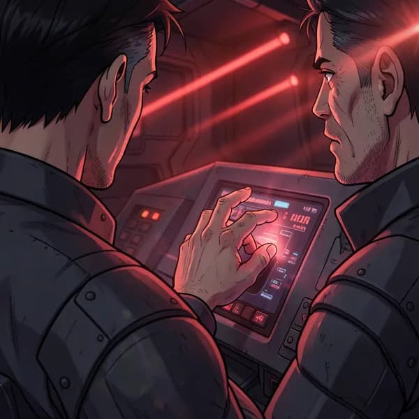 A tactical commander with a trembling hand hovering over a console button, illuminated by red alert lighting.