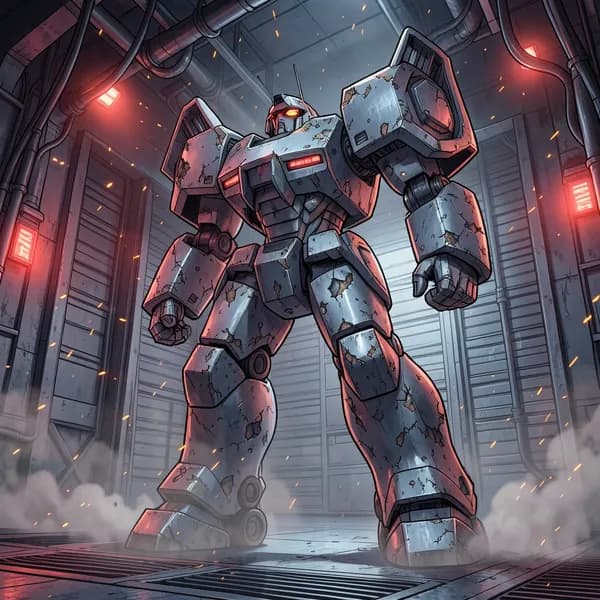 A massive, dented mecha unit standing in a dark hangar bay with sparks showering down.