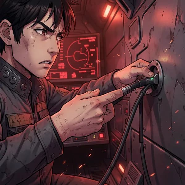 A pilot's hand trembling as he connects a neural interface cable inside a dark, red-lit cockpit.
