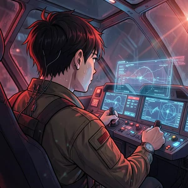 A young male pilot sitting in a cramped cockpit, looking at a holographic display of a burning space station.