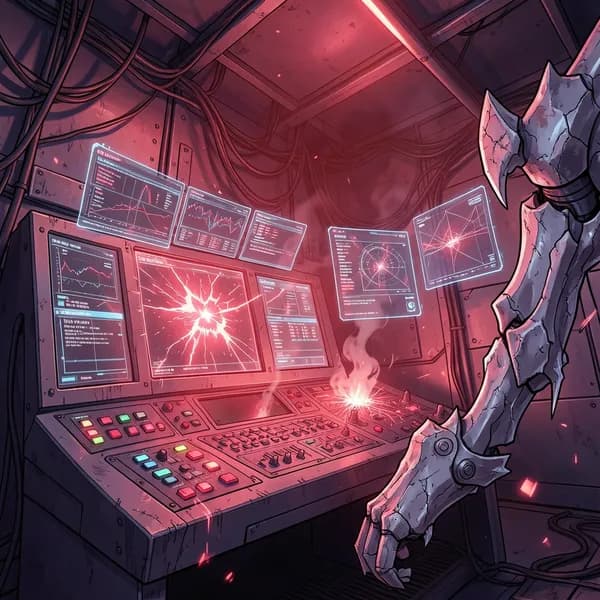 A complex tactical command console displaying critical system failure warnings in a dark simulator bay.