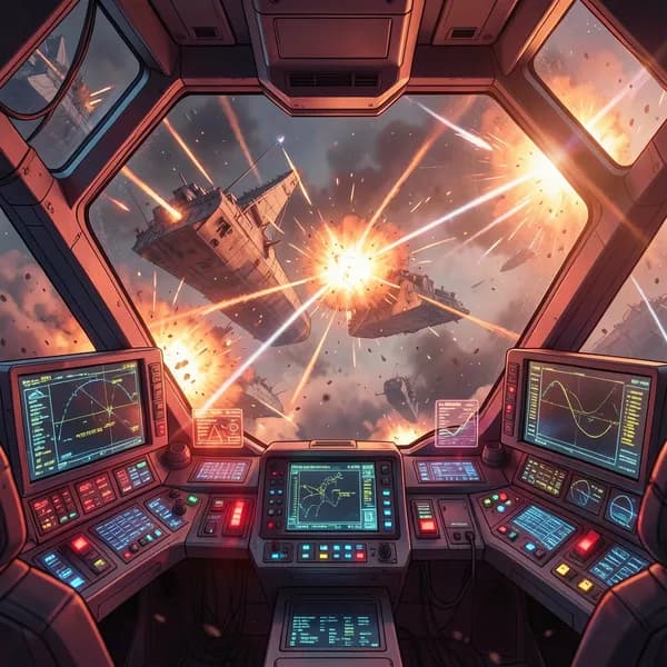 The interior of a mecha cockpit with flashing red warning lights and holographic displays showing a chaotic space battle outside.