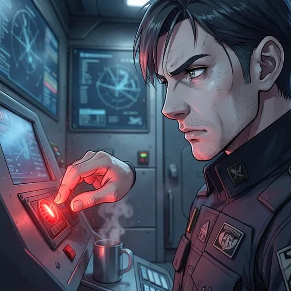 A weary tactical officer with grey-streaked hair stares at a red emergency button on a console, his hand hovering over it.