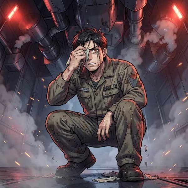 A seasoned technician with a grease-stained face looks up from beneath a massive mecha chassis, wiping fluid from his eyes.