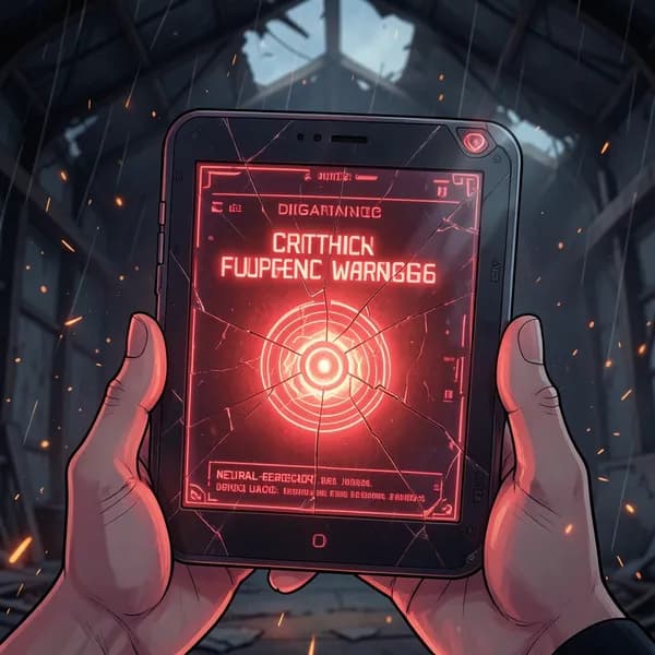 A close-up of a cracked holographic diagnostic tablet displaying a critical fusion core warning in red text.