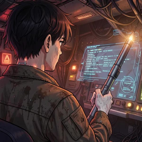 A weary pilot in a cramped cockpit, hand trembling on the control stick with glowing neural interface wires visible.