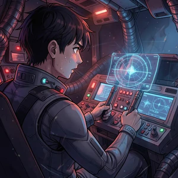 A young pilot sitting in a cramped, high-tech cockpit with glowing holographic displays, looking anxious.