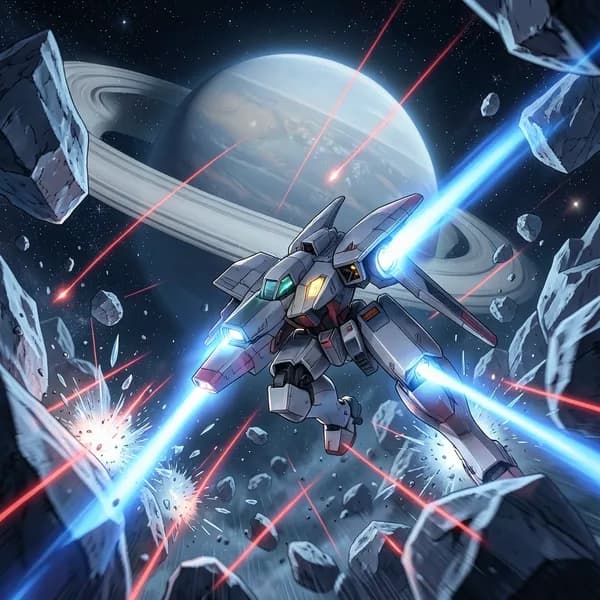 A sleek mecha interceptor dodging incoming missiles in deep space near a planetary ring system.