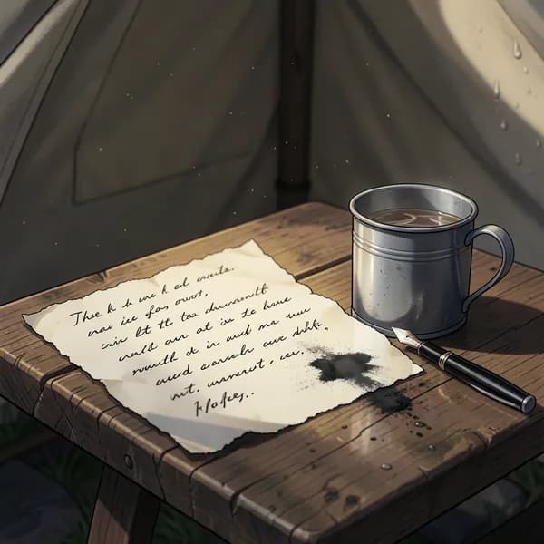 A close-up of a frayed, handwritten letter on a wooden table next to a trembling tin mug of tea.