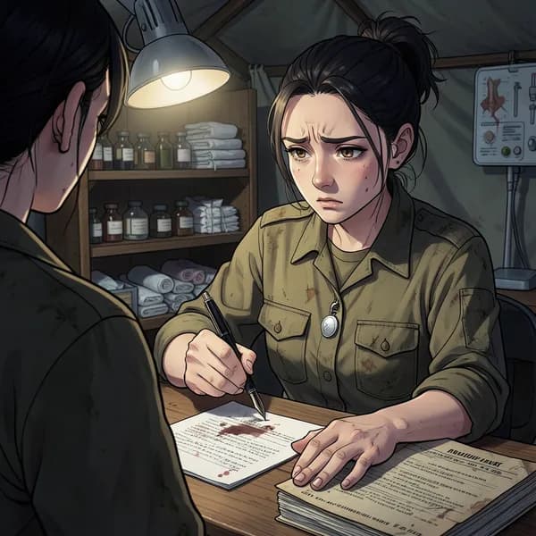 A female field medic writing a letter in a dimly lit tent, looking distressed.