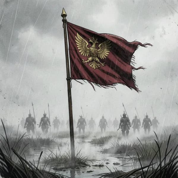 A crimson Roman legionary standard fluttering in the wind against a bleak, misty marsh landscape.