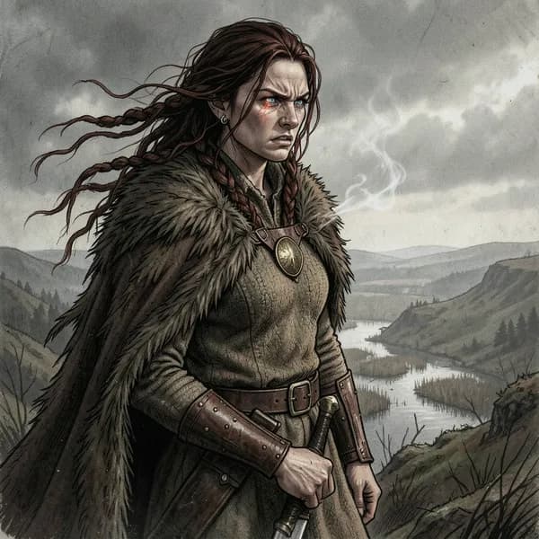 A defiant tribal queen standing on a ridge, looking toward the horizon with a grim expression.
