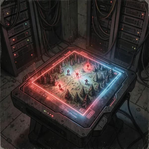 A glowing tactical holographic map table in a dark bunker showing blinking red icons over a forest terrain.