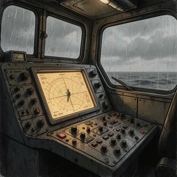 A dimly lit naval bridge with a glowing amber radar console and rain-streaked windows.