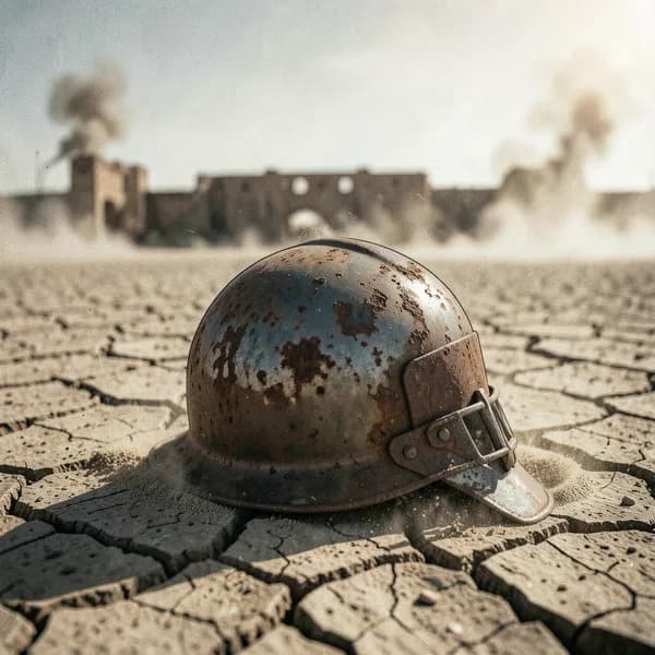 A rusted, dented iron helmet lying abandoned in the parched, cracked earth of the desert floor.