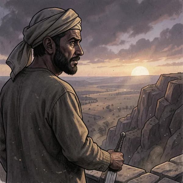 A weary man with a dark beard looking out over a dry valley, his face etched with the burden of leadership.