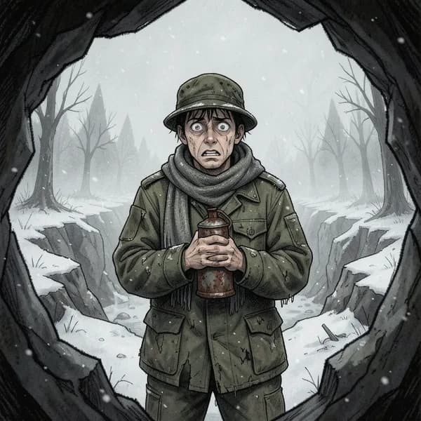 A small, shivering boy in an oversized uniform standing alone in a snowy, cratered field.