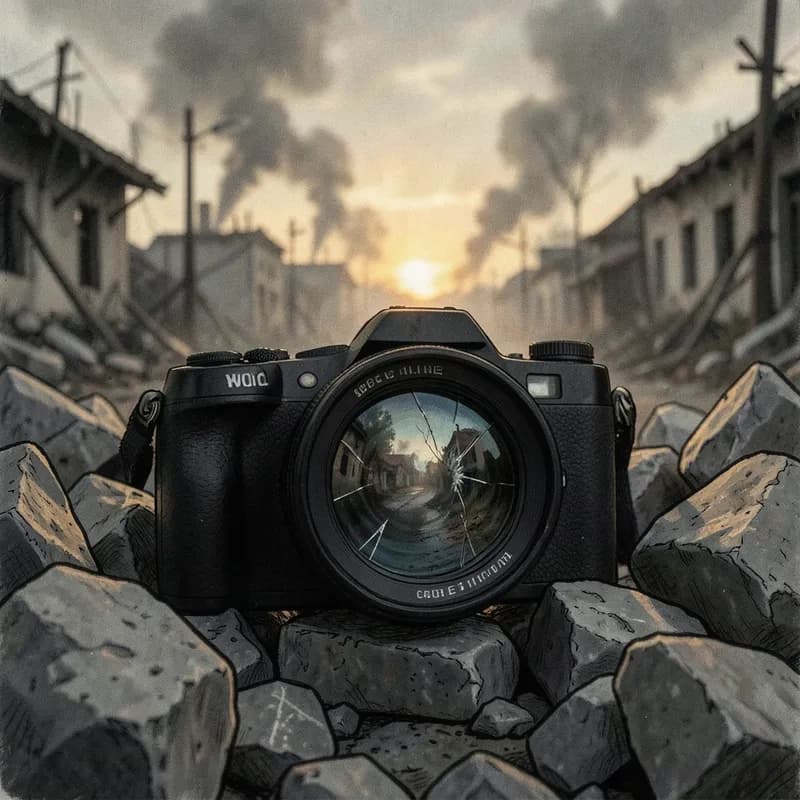 War Correspondent Military / War interactive story — atmospheric illustration