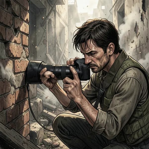 A war correspondent crouching behind a shattered brick wall, focused on his camera lens amidst a dusty, war-torn alleyway.