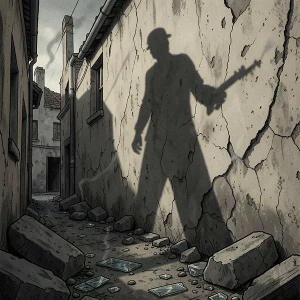 A long, ominous shadow of an armed soldier cast against a crumbling, pockmarked plaster wall in a ruined village.