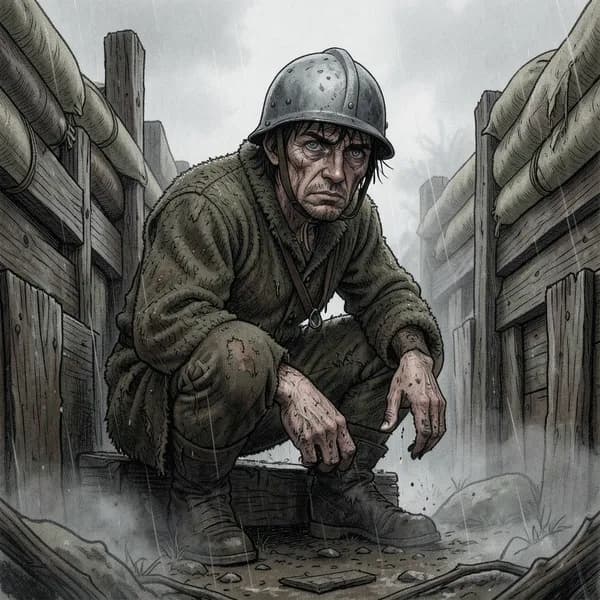 A weary soldier in a muddy trench looking over the parapet into the grey distance.