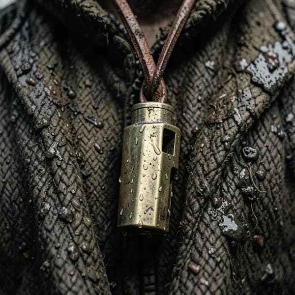 A close-up of a tarnished brass military whistle hanging against a mud-splattered wool tunic.