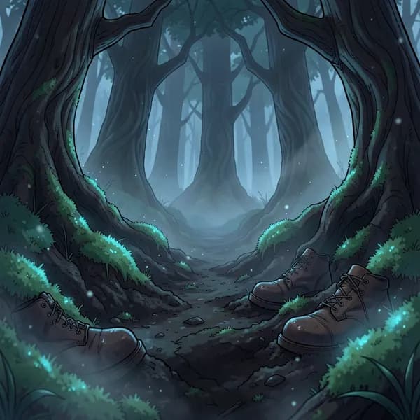 A close-up of a dark, mossy forest floor with bioluminescent growth in the suffocating dusk of a dense wood.