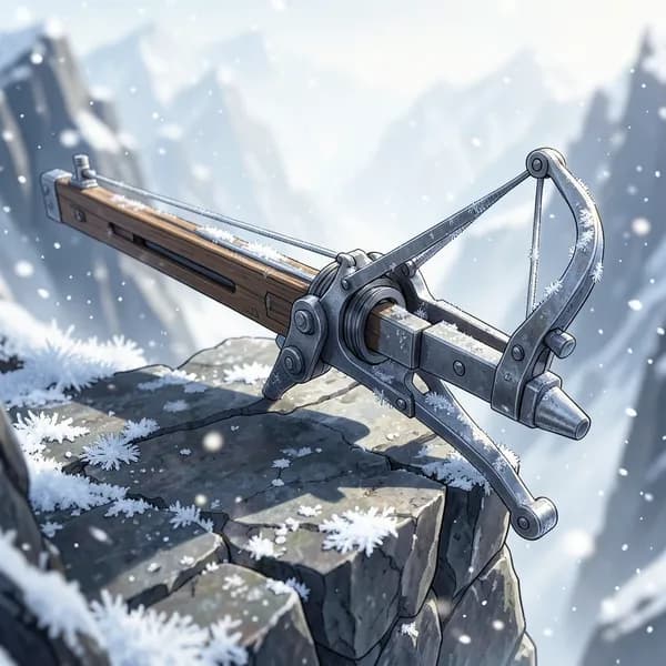 A heavy, industrial-era crossbow resting on a frost-covered jagged rock ledge overlooking a deep, snowy abyss.