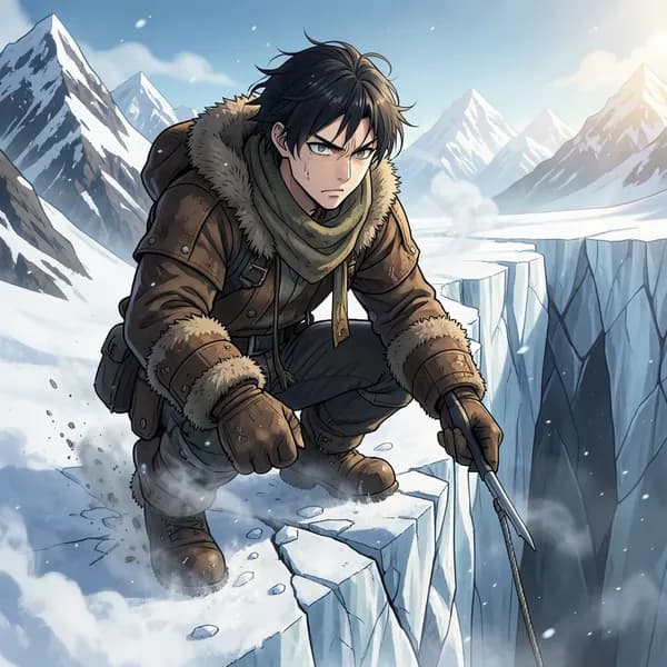 A weathered tracker in heavy fur-lined gear looking down at a fracturing ice shelf.