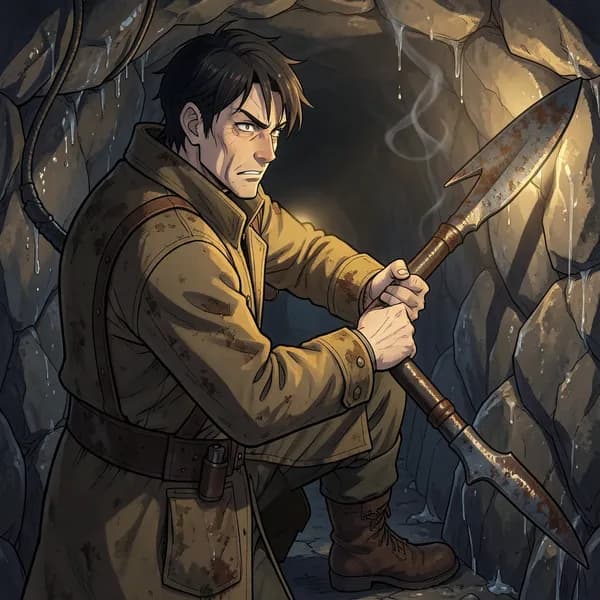 A man in a heavy canvas coat grips a rusted harpoon in a dark, damp mine tunnel.