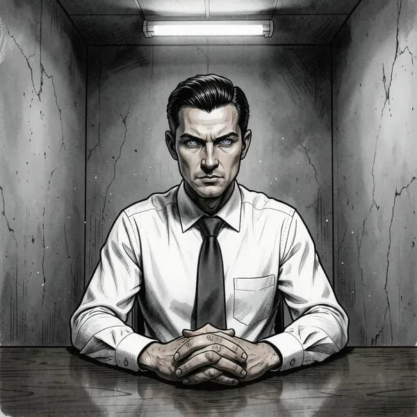 A well-dressed man with sharp features sits calmly at an interrogation table in a sterile room.