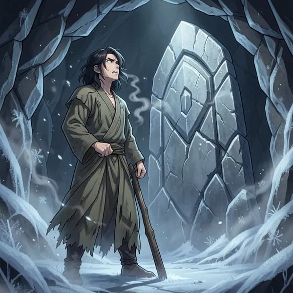 A lone, slender male deity in tattered robes stands before a massive, dark cave entrance in a frozen landscape.