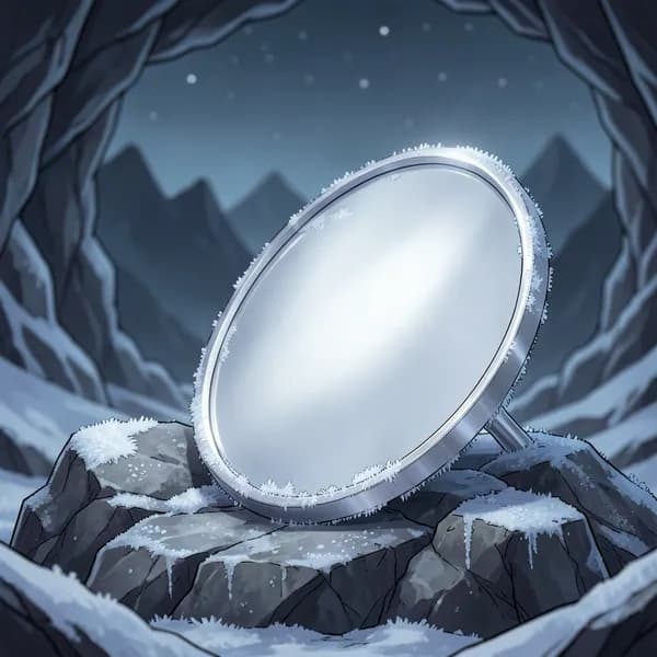 A polished white bronze mirror resting on a jagged rock, reflecting the dark, empty sky.