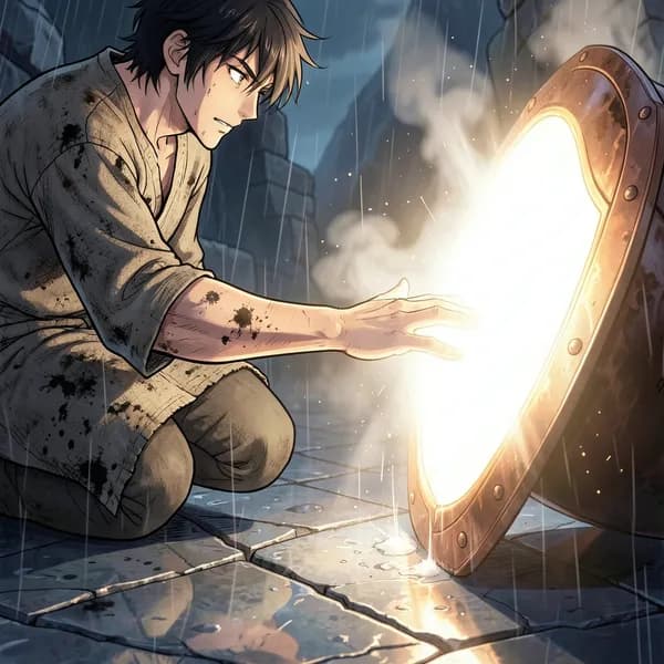 A young man's hand touching a glowing bronze shield on a wet stone floor.