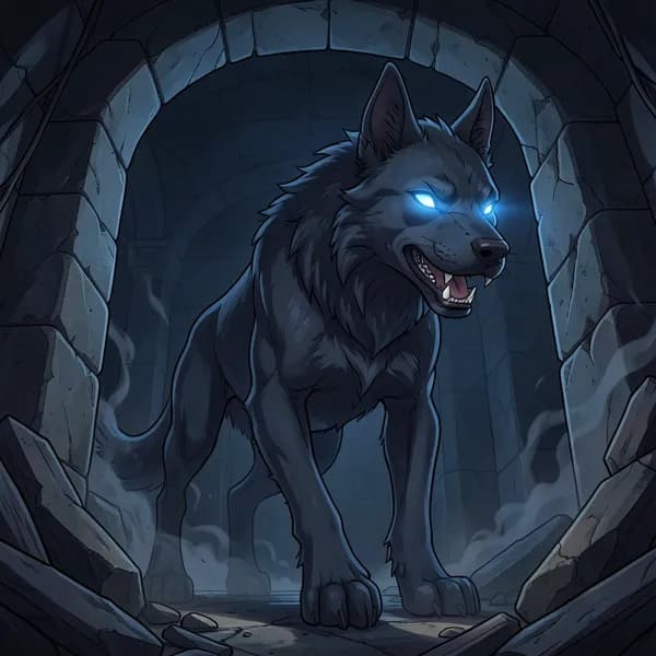 A multi-headed hound emerging from the shadows of a dark temple entrance.