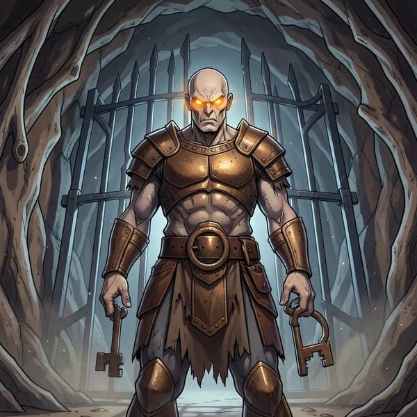A towering, menacing gatekeeper in rusted armor stands before a jagged iron gate in a dark, subterranean chamber.