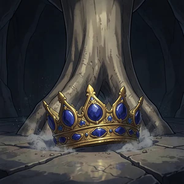 A discarded lapis-lazuli crown lies on the dusty floor of a dark, silent chamber.