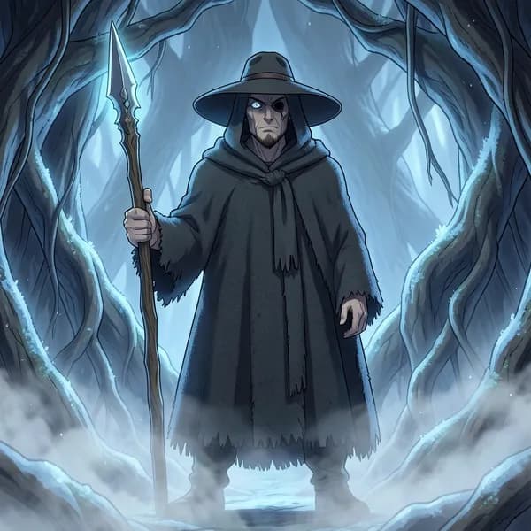 A tall, mysterious figure in a charcoal cloak and wide-brimmed hat standing before the roots of a cosmic tree.