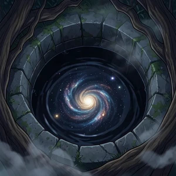 A close-up of a dark, ancient well filled with swirling, star-like reflections.