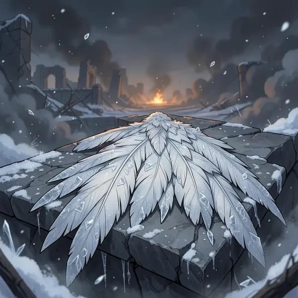 A tattered, ice-covered angelic wing lying abandoned on a cracked, ancient stone bridge under a dark, stormy sky.