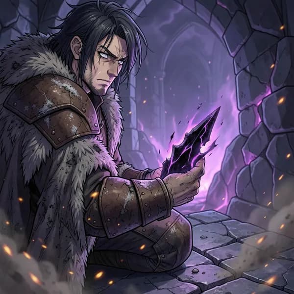 A rugged warrior kneeling on a fracturing stone bridge, clutching a glowing, jagged shard of shadow.