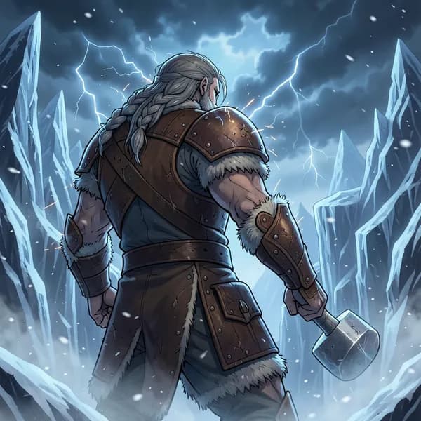 A powerful, muscular figure with a braided, lightning-flecked beard stands at the edge of a dark, icy abyss.