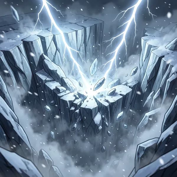 A massive, jagged ledge of ice fracturing and crumbling into a bottomless, foggy abyss.