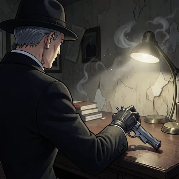 A stern man in a fedora and suit taps a pistol on a desk in a dim office.