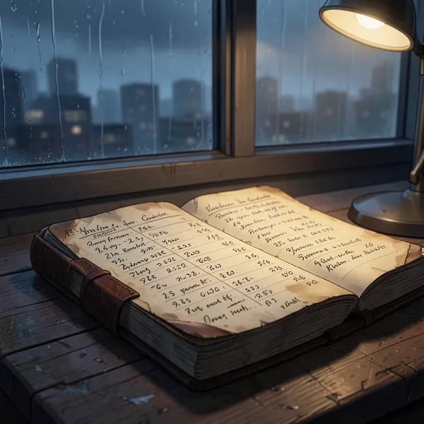 A weathered leather ledger sits on a scarred desk next to an empty glass of rye.