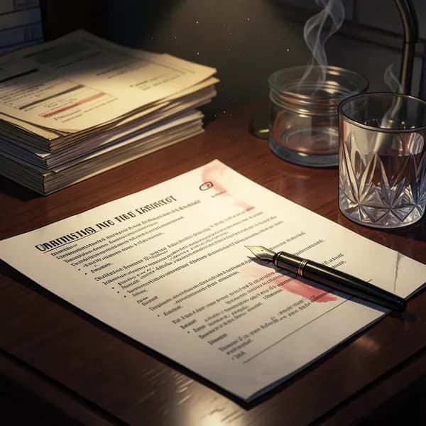 A close-up of a legal insurance document on a mahogany desk with a fountain pen and a glass of amber liquid.