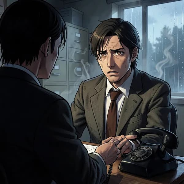 A weary man in a disheveled suit sitting at his desk, staring at a ringing rotary telephone.